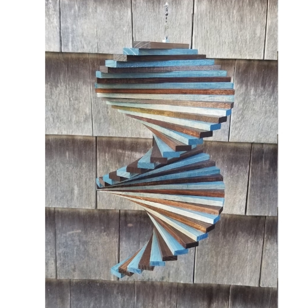 Wooden Wood Spinner Stained blue brown color twister Windmill Windchime